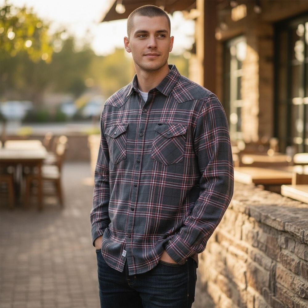 Wrangler Men's Classic Plaid Long‎ Sleeve Snap Front Shirt M/M Gray Red